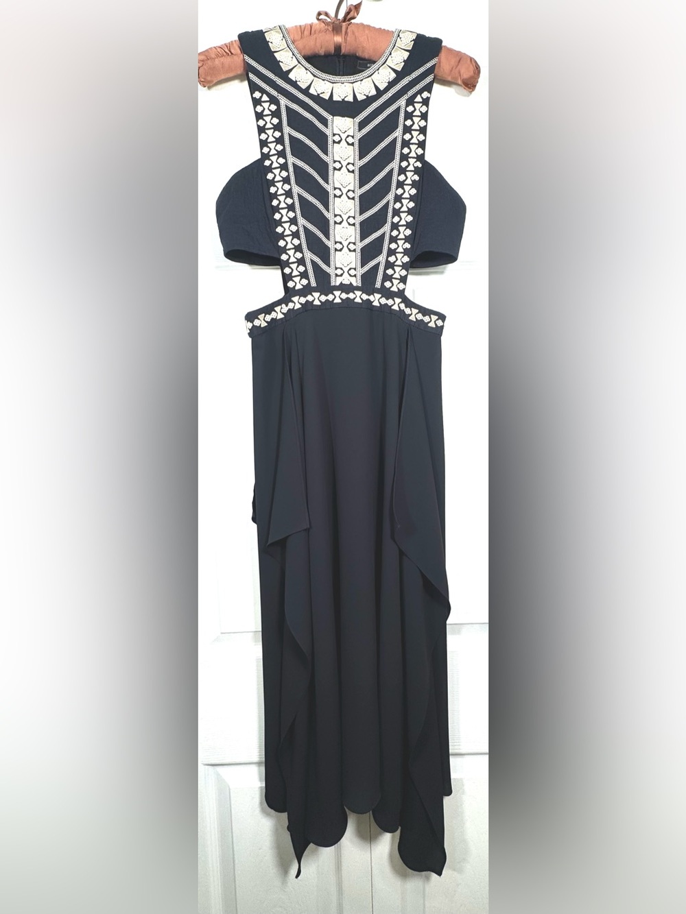 BCBGMAXAZRIA Adelia Embellished Cutout Handkerchief Dress Size 0 - Picture 3 of 13